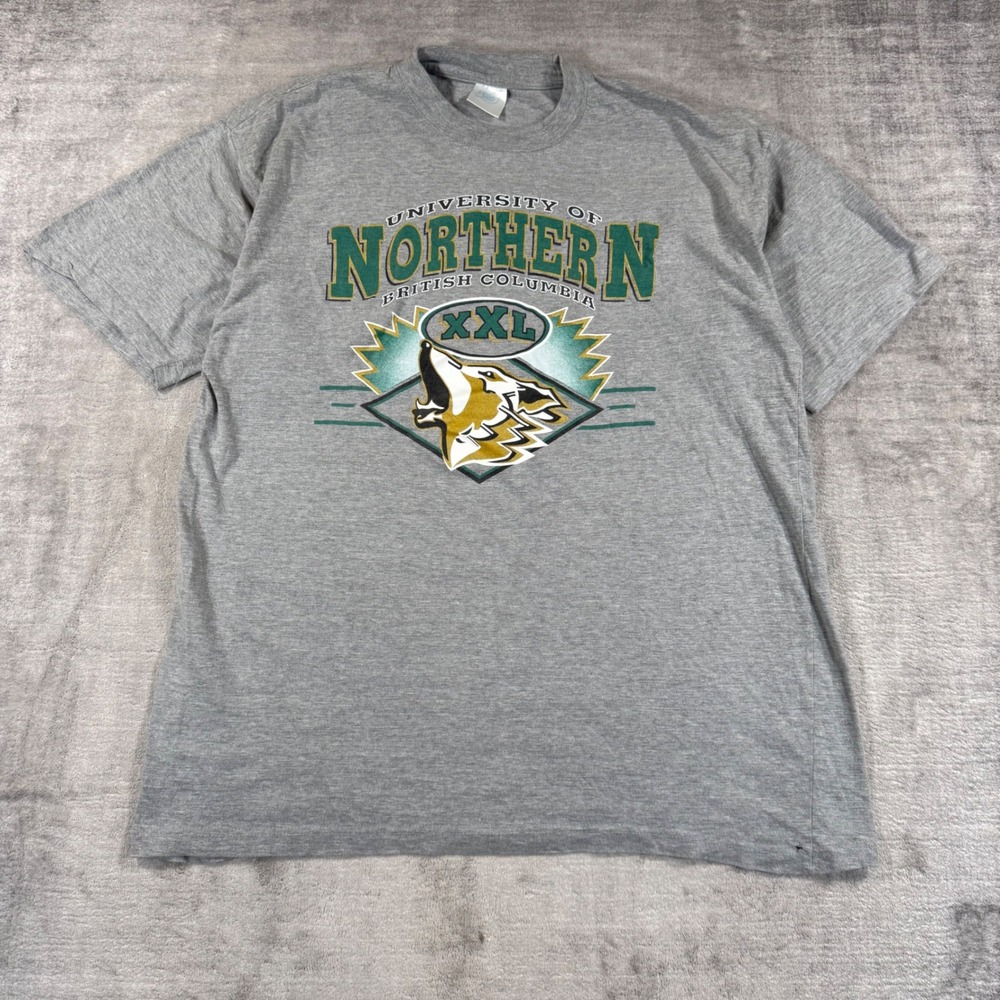 Vtg UNBC Shirt Mens XXL Grey Wolf Mascot University of Northern British Columbia